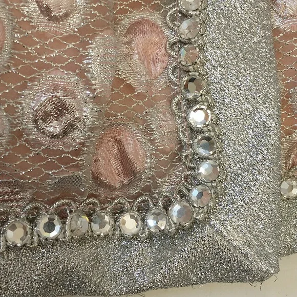 Sixties Silver & Pink Metallic Gown 60s Designer Maxi Feminine Glitter Sz 8 10
